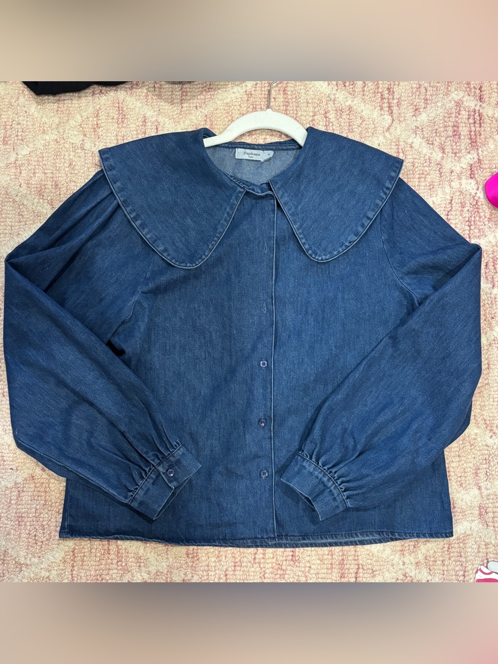 Daphnea Denim Button-Front Blouse with Oversized Collar - Blue